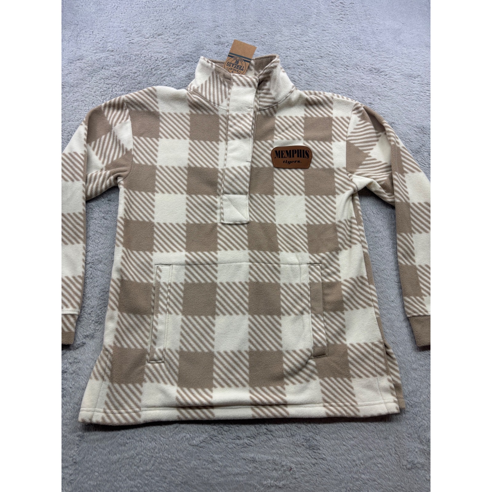 Rivalry Threads Memphis Tigers Fleece Pullover Tan Plaid Snap Mock Neck Small